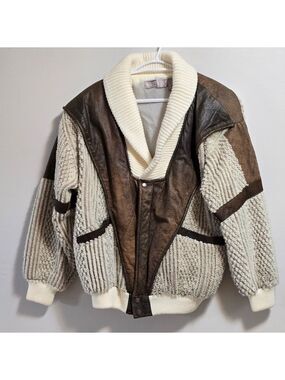 Vintage street scenes chunky knit faux leather oversized jacket size small